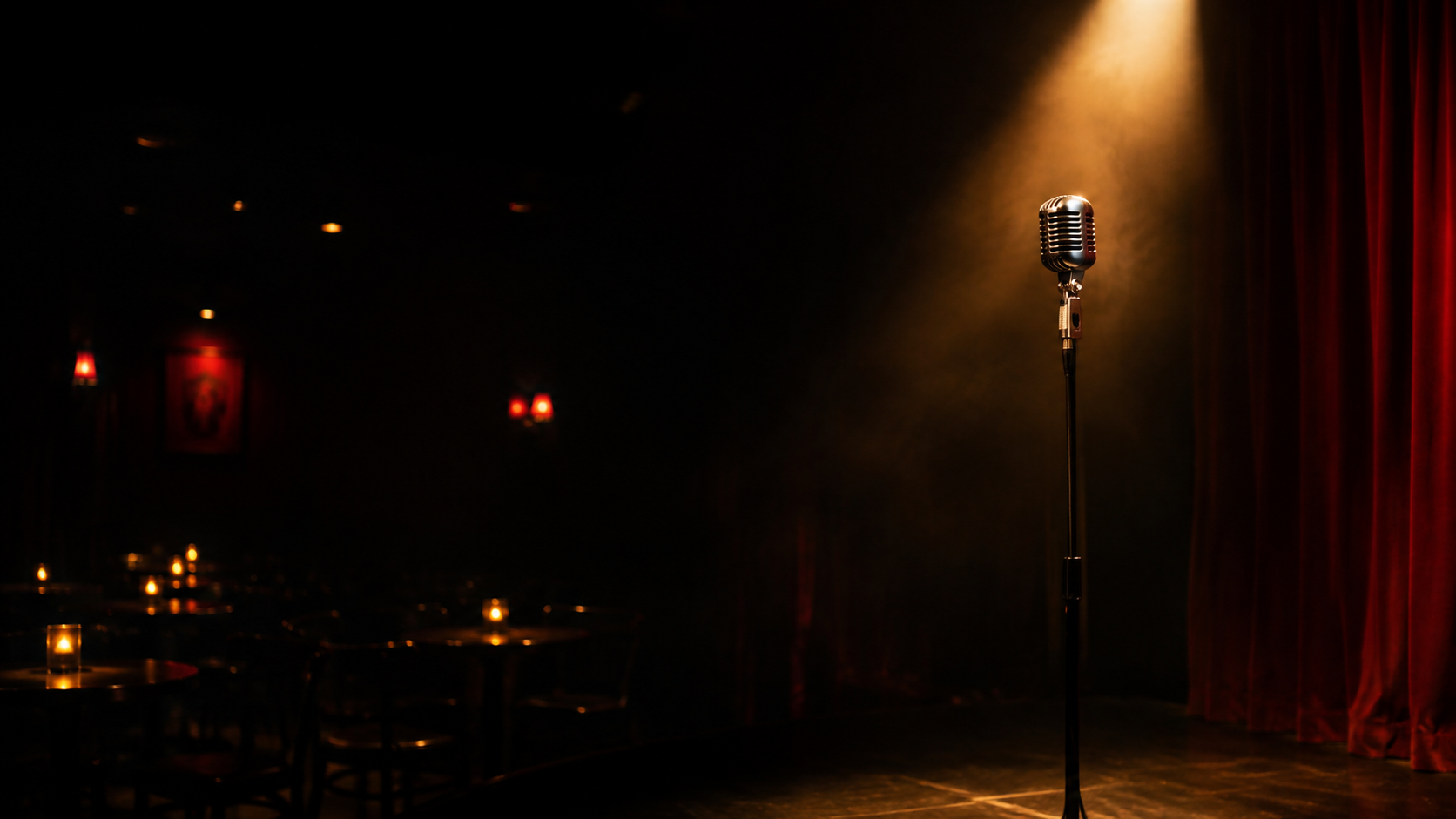 An empty comedy club stage with a microphone under a spotlight